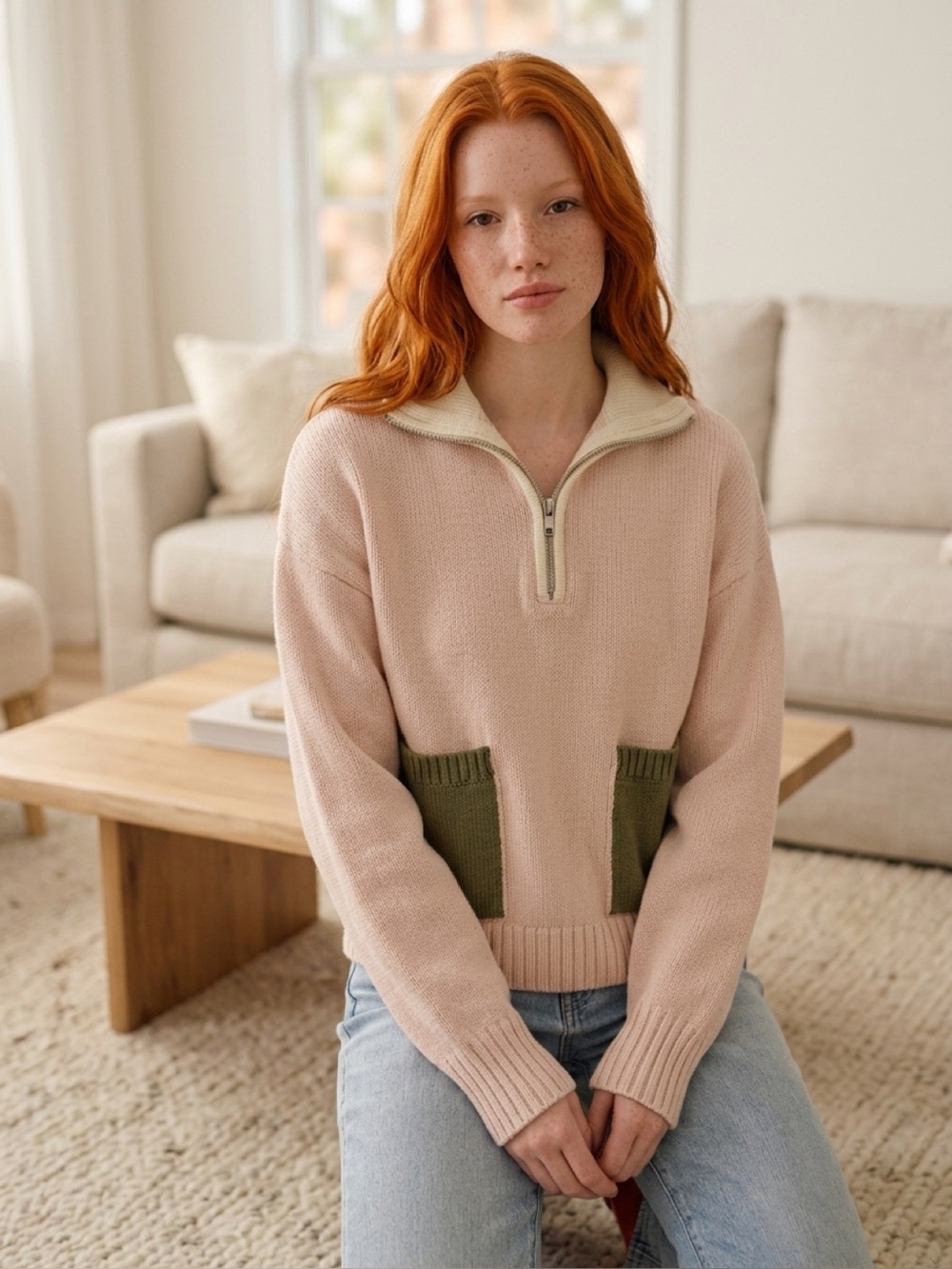Half-Zip Turtleneck Sweater with Contrast Pockets - Light Pink